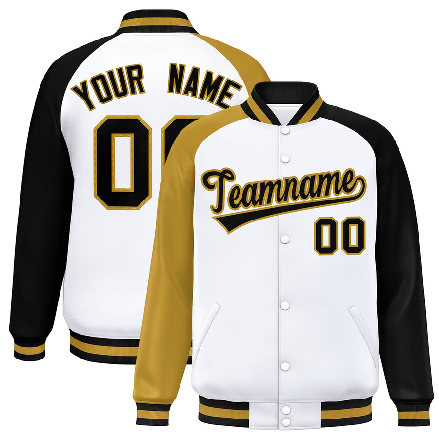 Custom White Black-Gold Varsity Full-Snap Raglan Sleeves Letterman Bomber Jacket | BuyFootballJersey