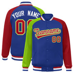 Custom Royal Red-Neon Green Varsity Full-Snap Raglan Sleeves Letterman Bomber Jacket | BuyFootballJersey
