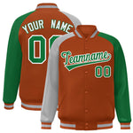 Custom Texas Orange Kelly Green-Gray Varsity Full-Snap Raglan Sleeves Letterman Bomber Jacket | BuyFootballJersey