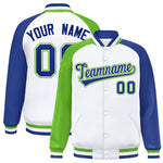 Custom White Royal-Green Varsity Full-Snap Raglan Sleeves Letterman Bomber Jacket | BuyFootballJersey