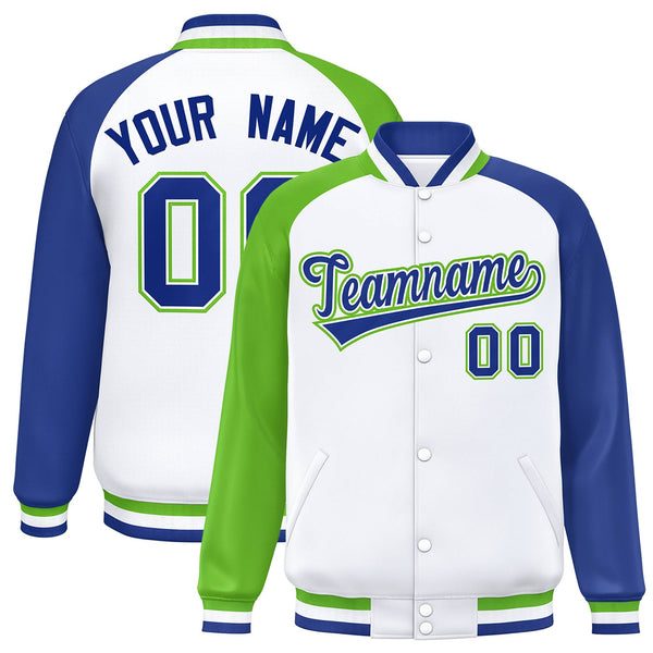 Custom White Royal-Green Varsity Full-Snap Raglan Sleeves Letterman Bomber Jacket | BuyFootballJersey