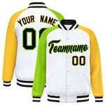 Custom White Gold-Neon Green Varsity Full-Snap Raglan Sleeves Letterman Bomber Jacket | BuyFootballJersey