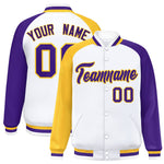 Custom White Purple-Gold Varsity Full-Snap Raglan Sleeves Letterman Bomber Jacket | BuyFootballJersey