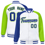 Custom White Neon Green-Royal Varsity Full-Snap Raglan Sleeves Letterman Bomber Jacket | BuyFootballJersey