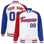 Custom White Royal-Red Varsity Full-Snap Raglan Sleeves Letterman Bomber Jacket | BuyFootballJersey
