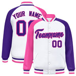 Custom White Purple-Pink Varsity Full-Snap Raglan Sleeves Letterman Bomber Jacket | BuyFootballJersey