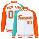 Custom White Orange-Bright Green Varsity Full-Snap Raglan Sleeves Letterman Bomber Jacket | BuyFootballJersey