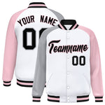 Custom White Light Pink-Gray Varsity Full-Snap Raglan Sleeves Letterman Bomber Jacket | BuyFootballJersey