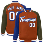 Custom Texas Orange Olive-Royal Varsity Full-Snap Raglan Sleeves Letterman Bomber Jacket | BuyFootballJersey