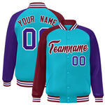 Custom Sky Blue Purple-Crimson Varsity Full-Snap Raglan Sleeves Letterman Bomber Jacket | BuyFootballJersey