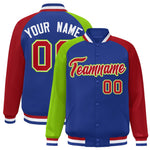 Custom Royal Red-Neon Green Varsity Full-Snap Raglan Sleeves Letterman Bomber Jacket | BuyFootballJersey