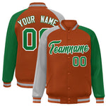 Custom Texas Orange Kelly Green-Gray Varsity Full-Snap Raglan Sleeves Letterman Bomber Jacket | BuyFootballJersey