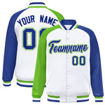 Custom White Royal-Green Varsity Full-Snap Raglan Sleeves Letterman Bomber Jacket | BuyFootballJersey
