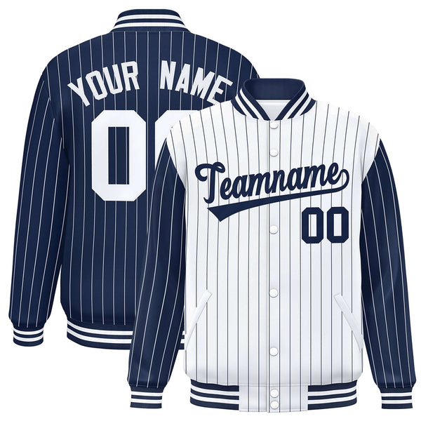 Custom White Navy Raglan Sleeves Varsity Full-Snap Pinstripe Letterman Baseball Jacket | BuyFootballJersey