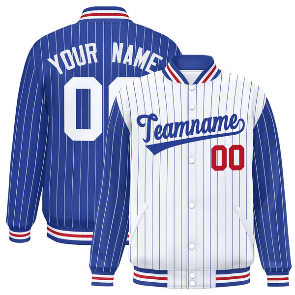 Custom White Royal Raglan Sleeves Varsity Full-Snap Pinstripe Letterman Baseball Jacket | BuyFootballJersey