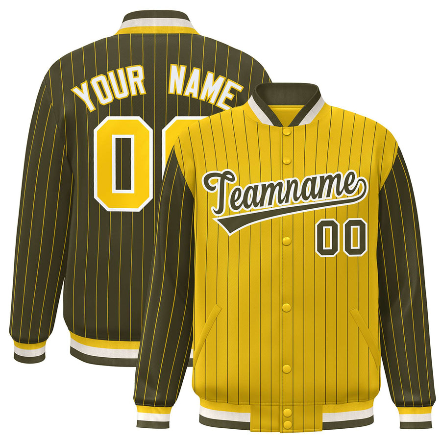 Custom Gold Olive Raglan Sleeves Varsity Full-Snap Pinstripe Letterman Baseball Jacket | BuyFootballJersey