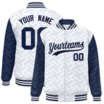 Custom White Navy L Pattern Varsity Raglan Sleeves Full-Snap Letterman Baseball Jacket | BuyFootballJersey