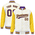 Custom White Gold L Pattern Varsity Raglan Sleeves Full-Snap Letterman Baseball Jacket | BuyFootballJersey