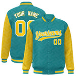 Custom Aqua Gold L Pattern Varsity Raglan Sleeves Full-Snap Letterman Baseball Jacket | BuyFootballJersey