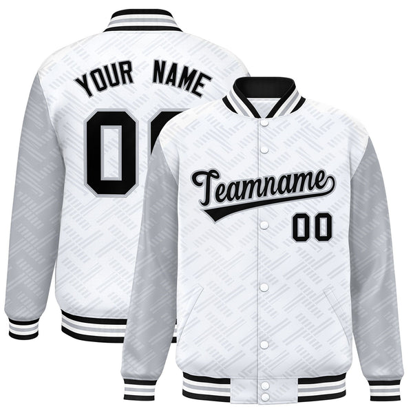 Custom White Gray L Pattern Varsity Raglan Sleeves Full-Snap Letterman Baseball Jacket | BuyFootballJersey