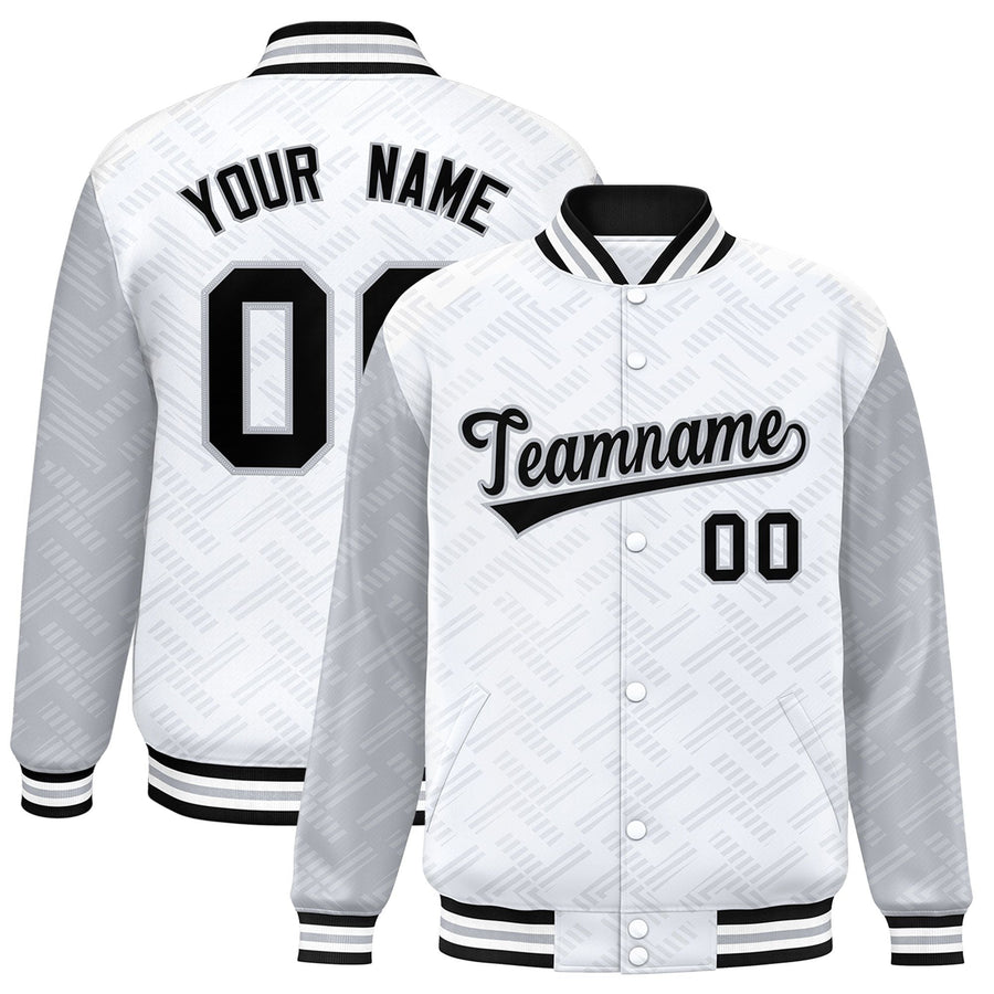 Custom White Gray L Pattern Varsity Raglan Sleeves Full-Snap Letterman Baseball Jacket | BuyFootballJersey
