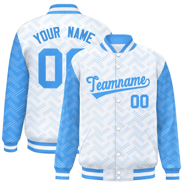 Custom White Powder Blue L Pattern Varsity Raglan Sleeves Full-Snap Letterman Baseball Jacket | BuyFootballJersey