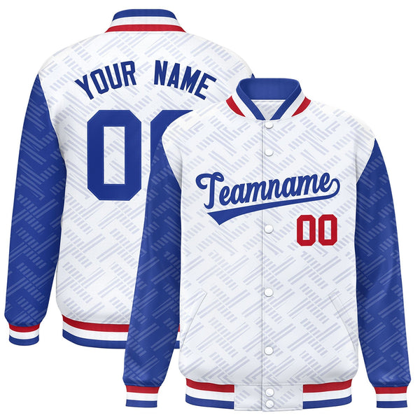 Custom White Royal L Pattern Varsity Raglan Sleeves Full-Snap Letterman Baseball Jacket | BuyFootballJersey