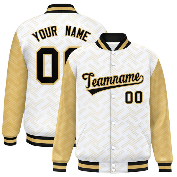 Custom White Old Gold L Pattern Varsity Raglan Sleeves Full-Snap Letterman Baseball Jacket | BuyFootballJersey