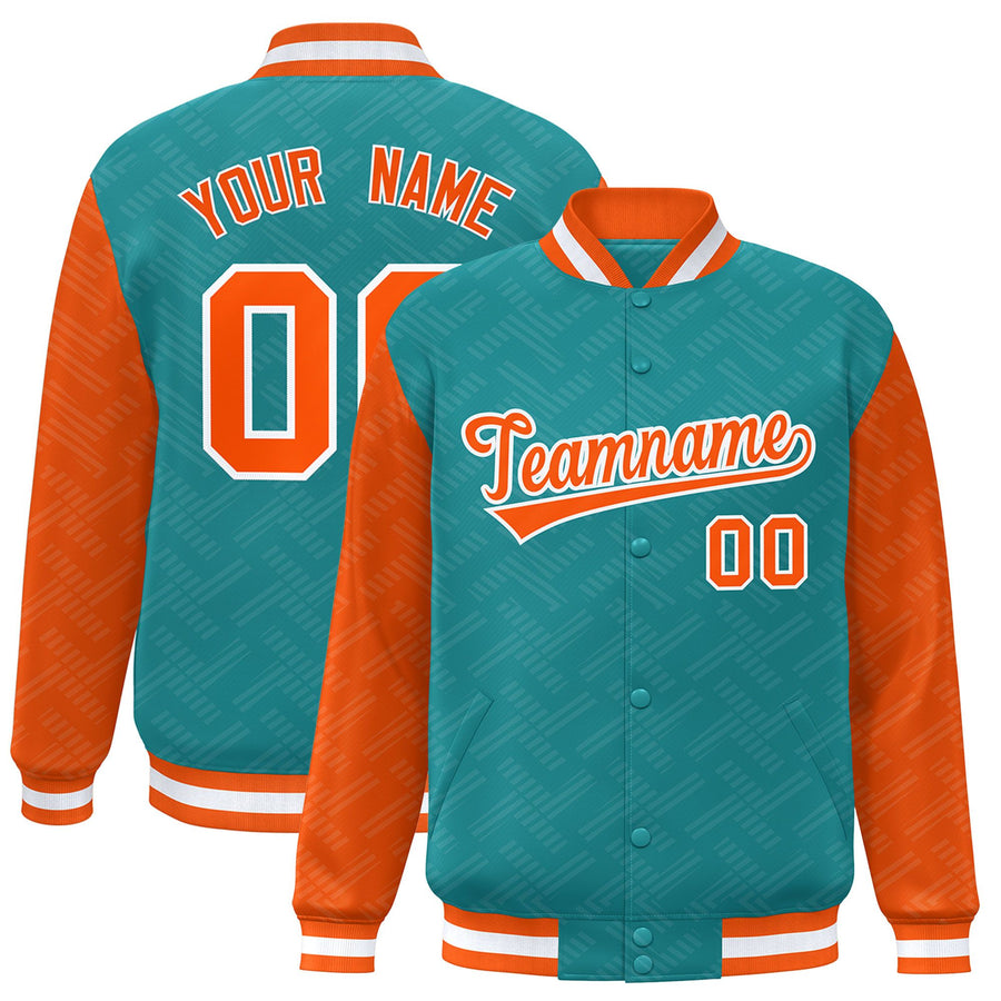 Custom Aqua Orange L Pattern Varsity Raglan Sleeves Full-Snap Letterman Baseball Jacket | BuyFootballJersey