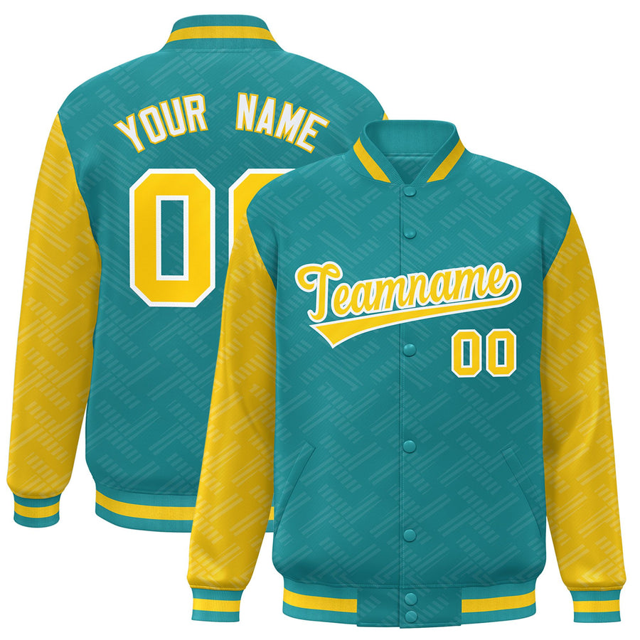 Custom Aqua Gold L Pattern Varsity Raglan Sleeves Full-Snap Letterman Baseball Jacket | BuyFootballJersey