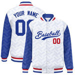 Custom White Royal L Pattern Varsity Raglan Sleeves Full-Snap Letterman Baseball Jacket | BuyFootballJersey