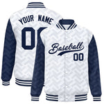 Custom White Navy L Pattern Varsity Raglan Sleeves Full-Snap Letterman Baseball Jacket | BuyFootballJersey