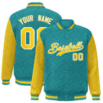 Custom Aqua Gold L Pattern Varsity Raglan Sleeves Full-Snap Letterman Baseball Jacket | BuyFootballJersey