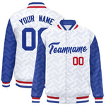 Custom White Royal L Pattern Varsity Raglan Sleeves Full-Snap Letterman Baseball Jacket | BuyFootballJersey