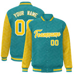 Custom Aqua Gold L Pattern Varsity Raglan Sleeves Full-Snap Letterman Baseball Jacket | BuyFootballJersey
