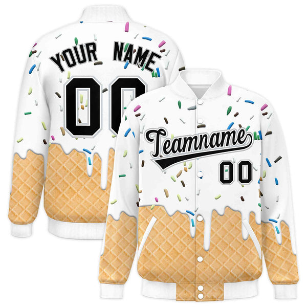 Custom White Ice Cream Cone Graffiti Pattern Full-Snap Varsity Letterman Jackets | BuyFootballJersey