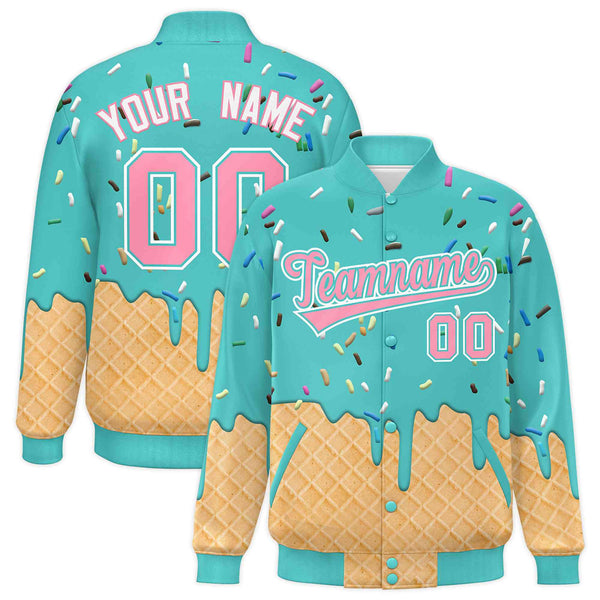 Custom Teal Ice Cream Cone Graffiti Pattern Full-Snap Varsity Letterman Jackets | BuyFootballJersey