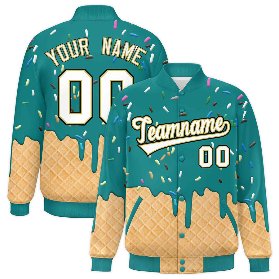 Custom Teal Ice Cream Cone Graffiti Pattern Full-Snap Varsity Letterman Jackets | BuyFootballJersey