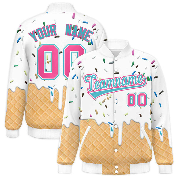 Custom White Ice Cream Cone Graffiti Pattern Full-Snap Varsity Letterman Jackets | BuyFootballJersey