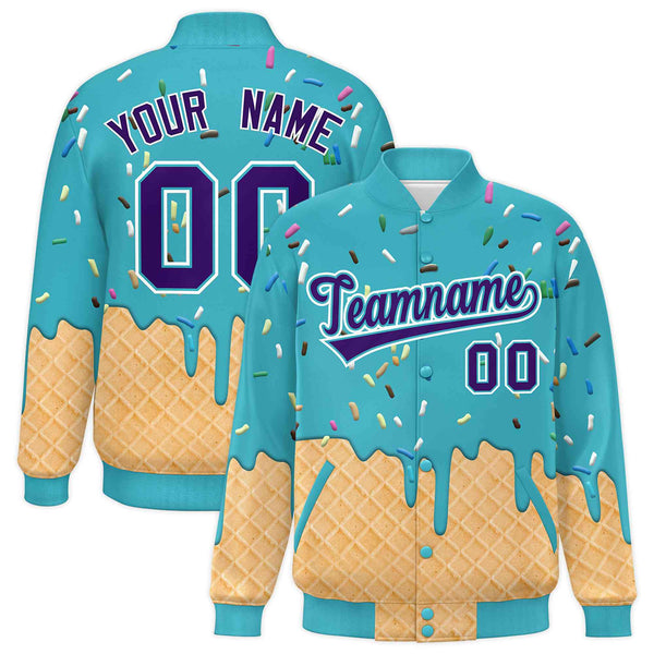 Custom Sky Blue Ice Cream Cone Graffiti Pattern Full-Snap Varsity Letterman Jackets | BuyFootballJersey