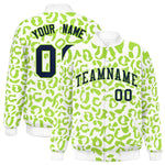 Custom White Neon Green Varsity Full-Snap Leopard Print Graffiti Pattern Letterman Baseball Jacket | BuyFootballJersey