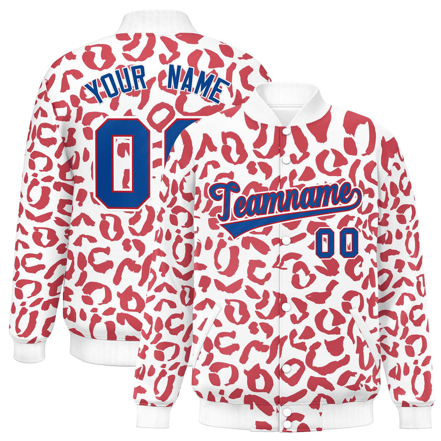 Custom White Red Varsity Full-Snap Leopard Print Graffiti Pattern Letterman Baseball Jacket | BuyFootballJersey