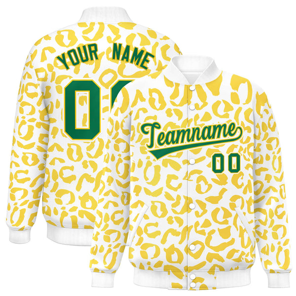 Custom White Gold Varsity Full-Snap Leopard Print Graffiti Pattern Letterman Baseball Jacket | BuyFootballJersey