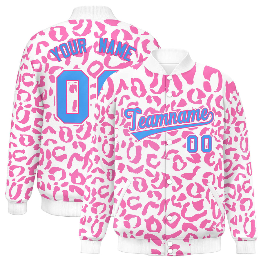 Custom White Pink Varsity Full-Snap Leopard Print Graffiti Pattern Letterman Baseball Jacket | BuyFootballJersey