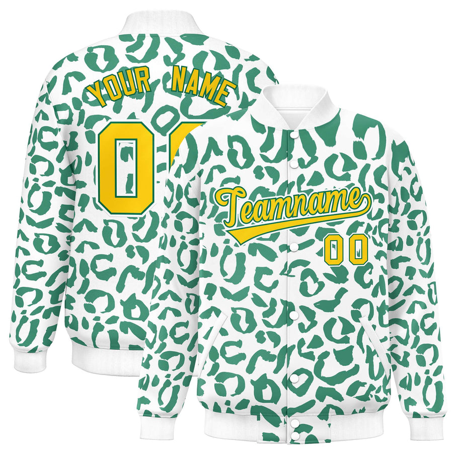 Custom White Kelly Green Varsity Full-Snap Leopard Print Graffiti Pattern Letterman Baseball Jacket | BuyFootballJersey