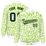 Custom White Neon Green Varsity Full-Snap Leopard Print Graffiti Pattern Letterman Baseball Jacket | BuyFootballJersey