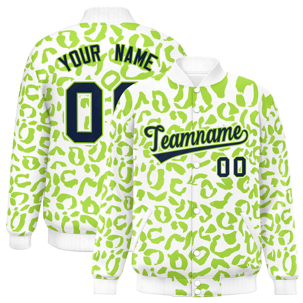 Custom White Neon Green Varsity Full-Snap Leopard Print Graffiti Pattern Letterman Baseball Jacket | BuyFootballJersey