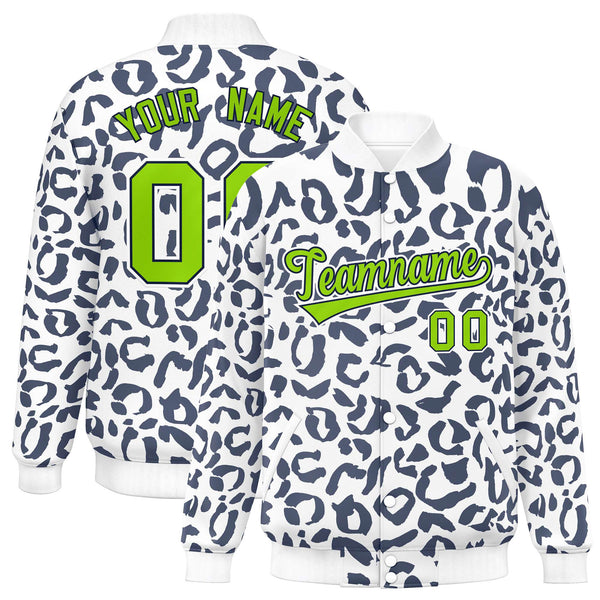 Custom White Navy Varsity Full-Snap Leopard Print Graffiti Pattern Letterman Baseball Jacket | BuyFootballJersey