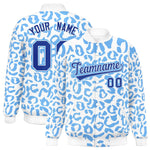 Custom White Powder Blue Varsity Full-Snap Leopard Print Graffiti Pattern Letterman Baseball Jacket | BuyFootballJersey