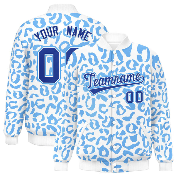 Custom White Powder Blue Varsity Full-Snap Leopard Print Graffiti Pattern Letterman Baseball Jacket | BuyFootballJersey